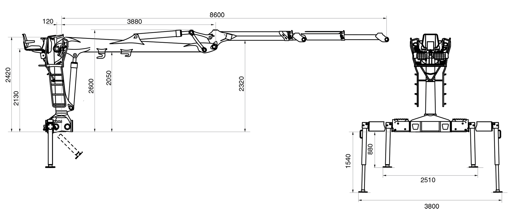 Габаритные размеры гидроманипулятора Велмаш VM10L86